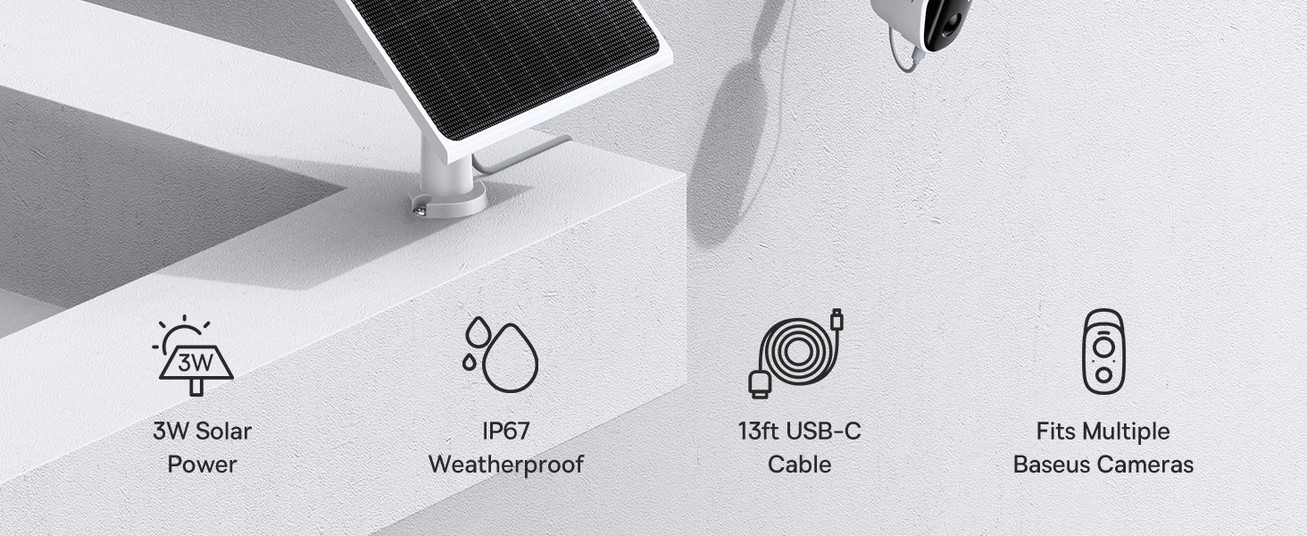 Baseus A1 3W Solar Panel for Outdoor Security Cameras, IP67, 4m Cable, Non