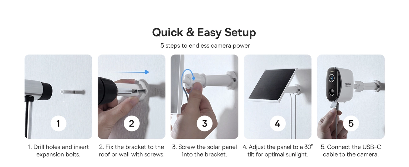 Baseus A1 3W Solar Panel for Outdoor Security Cameras, IP67, 4m Cable, Non