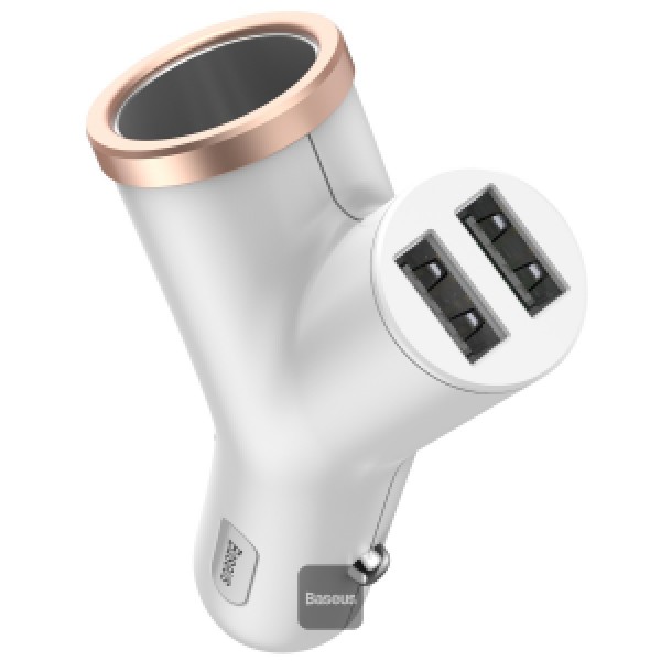 Baseus Y Type Dual USB Ports+Cigarette Lighter Extended Fast Car 6-White