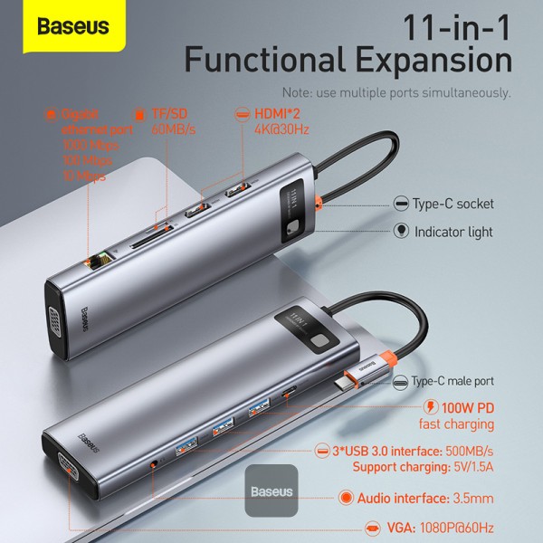 Baseus USB C Hub 11 in 1 Docking Station Adapter with 4K HDMI for MacBook Pro, Surface Pro, iPad Pro and Other Type C Devices