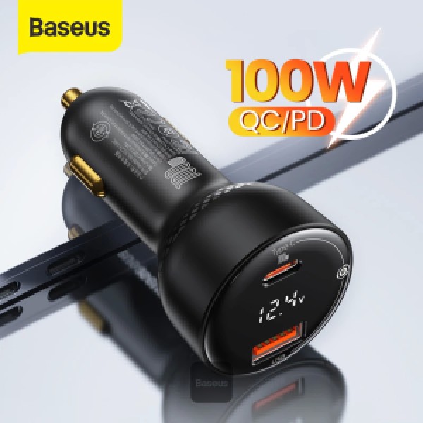 Baseus 100W Car Charger Dual Port USB Type C Quick Charger Digital PPS QC PD 3.0 Laptop Phone Charger For iPhone 13 12 Xiaomi Black