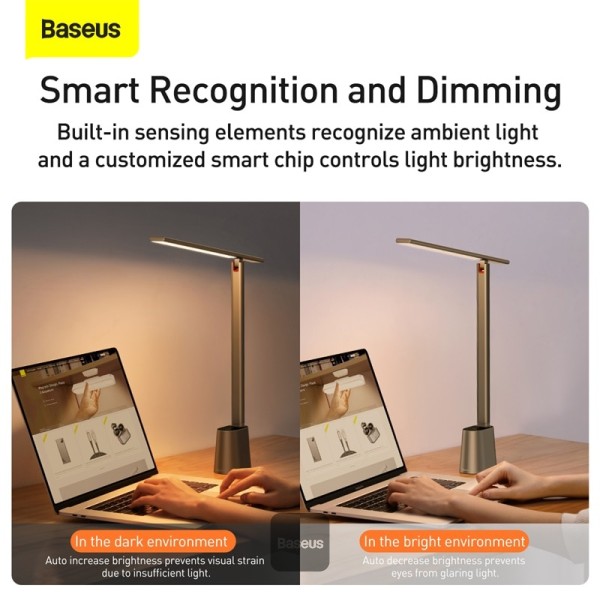 Baseus LED Desk Lamp Auto-Dimming Table Lamp Eye-Caring Smart Lamp Touch Control 47" Wide Illumination 250 Lumens 5W 3 Color Modes for Home Office, Living Room, Bedroom, Painting Dark Grey 350x53x382mm