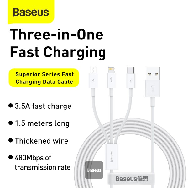 Baseus Superior Series Fast Charging Data Cable USB to M+L+C 3.5A 1.5m