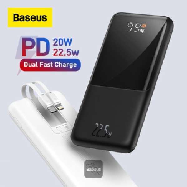 Baseus 22.5W 10000mAh Fast Charge Power Bank with Built-in Type C & Lightning Cable Portable External Battery Charger 5A USB C PD 3.0  For Huawei iPhone 13 12 Pro Xiaomi
