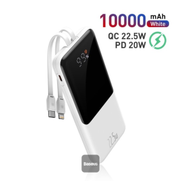 Baseus 22.5W 10000mAh Fast Charge Power Bank with Built-in Type C & Lightning Cable Portable External Battery Charger 5A USB C PD 3.0  For Huawei iPhone 13 12 Pro Xiaomi