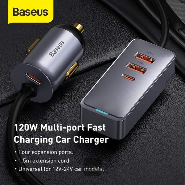 120W Multi USB Car Charger [QC3.0 & PD 3.0] 30Wx4 Ports Fast Car Charger USB C for Phones/Tablets/Switch, 5FT Cable for Back Seat Charging -CCBT (2 USB + 2 TYPE C)