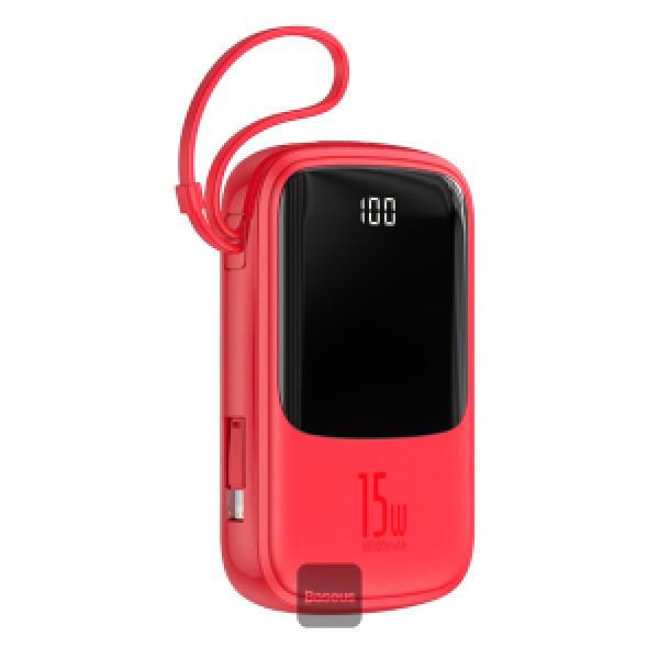 Baseus 10000mAh Power Bank 3A Fast Charging Dual USB Ports 2-in-1 Portable Charger IP Cable - Red