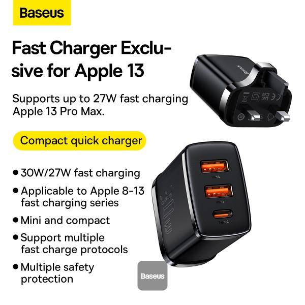 BASEUS Compact Quick Charger 2U+C Three Ports 30W Travel Power Adapter UK Plug