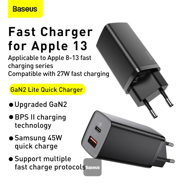 باسيوس أون لاين  Baseus 65W GaN2 Charger Dual Port QC 3.0 PD3.0 Quick  Laptop Charger Fast Charger For iPhone Xiaomi Type C PD USB Charger Black