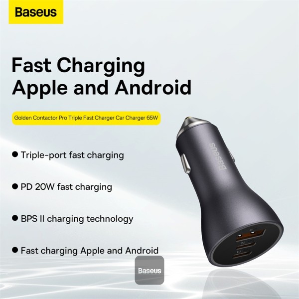 Baseus Golden Contactor Pro USB-A car charger + 2x USB-C 65W Dark gray