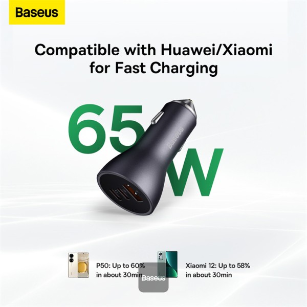 Baseus Golden Contactor Pro USB-A car charger + 2x USB-C 65W Dark gray