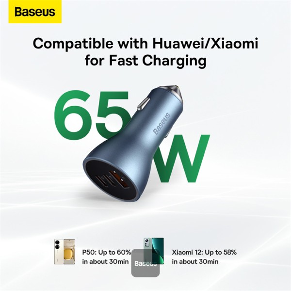 Baseus Golden Contactor Pro USB-A car charger + 2x USB-C 65W Blue