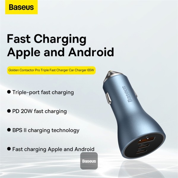 Baseus Golden Contactor Pro USB-A car charger + 2x USB-C 65W Blue