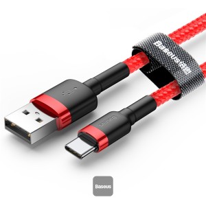 كابل Baseus Cafule سلك مجدول من النايلون المتين USB /USB-C Qc3.0 2a 2m أحمر