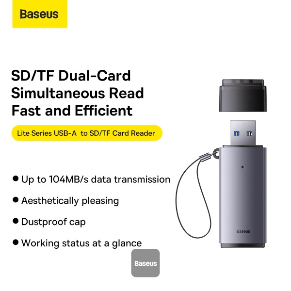 Baseus Lite Series adapter Card Reader Portable USB 3.0 Dual Slot Flash Memory Card Adapter Hub for SD, TF, Micro SD, SDXC, SDHC, MMC, RS-MMC, Micro SDXC, Micro SDHC, UHS-I for Mac, PC