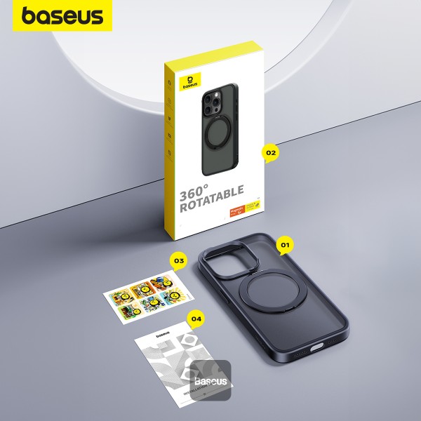 Baseus iPhone 15 Pro Max Magnetic Case with 360 Degree Rotatable Kickstand - Premium Quality, Slim Anti-Fingerprint Matte Back, Never Yellow, Hard PC/TPU Shockproof Cover - Black