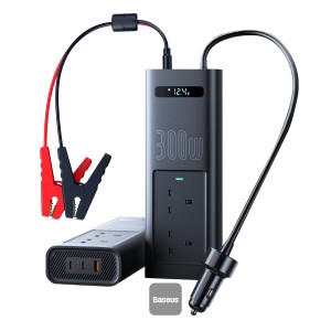 Baseus 300W Car Power Inverter - Smart Display, 5 Ports (1 USB-A, 2 USB-C, 2 AC Outlets),  12V DC 200V-240V AC UK Plugs  - Cluster Black