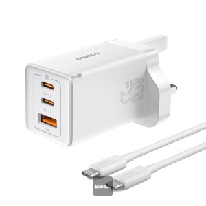 Baseus GaN5 Pro 65W 3 Port Fast Charger | 2 Type-C + USB-A, UK Plug | Compatible With MacBook Pro/Air, iPad Pro, iPhone 15 Pro Max, Samsung S23 - White (Include: Baseus Xiaobai Series Fast Charging Cable Type-C to Type-C 100W(20V/5A) 1M - White)
