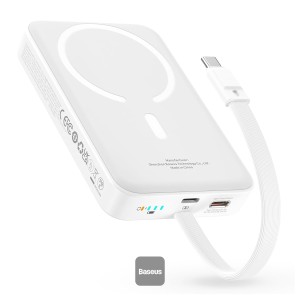Baseus 10000mAh Magnetic Mini Wireless Fast Charge Power Bank 30W With Built-In Type-C Cable (In and Out) - White