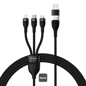 Baseus Flash Series II 100W Fast Charging Multi Cable 3 in 2 Cable | Type-C + USB-A To Type C + Lightning + Micro USB 1.2M - Black