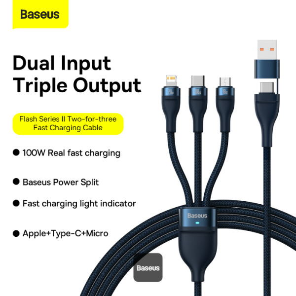 thumbnail image 2 of Baseus 100W Retractable Fast Charging Cable 3-in-1 USB-C To IPhone/Micro USB, 1.7M 2 of 2