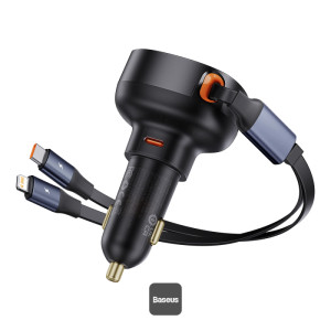 Baseus Car Charger Type-C Port + Type-C & Lightning Retractable Cable 60W Enjoyment Pro Series - Black