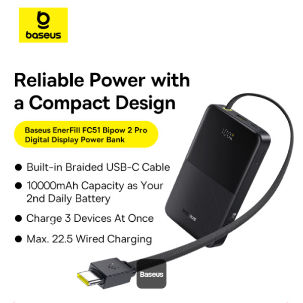 Power Bank Baseus EnerFill 10000mAh Qi2 & MagSafe - Charge Sans Fil 15W + Filaire 22.5W - Ultra Léger 202g - Pour IPhone 12 à 16 - Noir