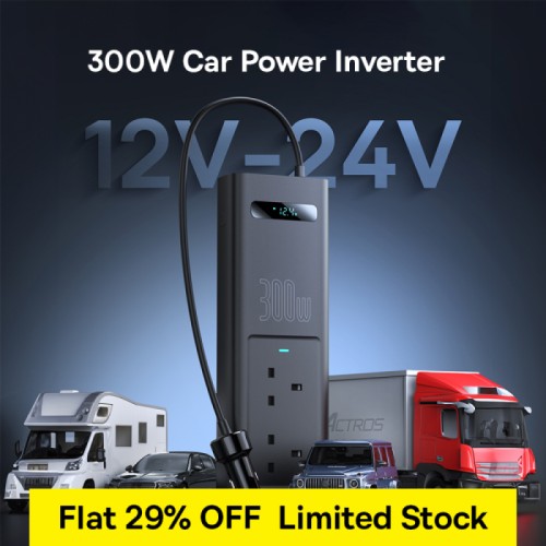 Baseus 300W Car Power Inverter - Smart Display, 5 Ports, UK Plugs