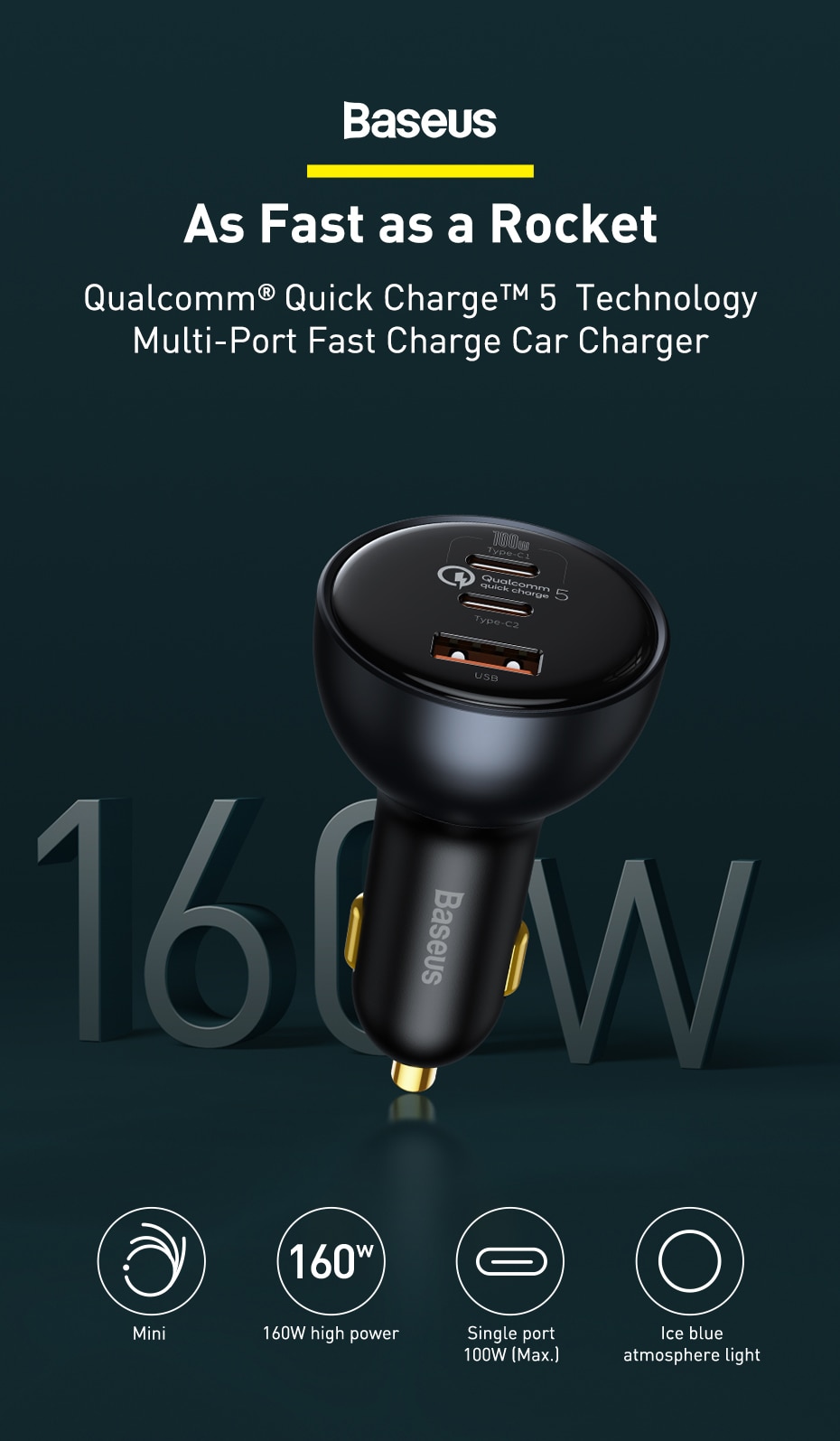 Baseus Online  Baseus 160W Car Charger Quick Charge QC 5.0 4.0 3.0 PD  Charger For Macbook iPad Pro Laptop USB Type C Charger For iPhone Xiaomi
