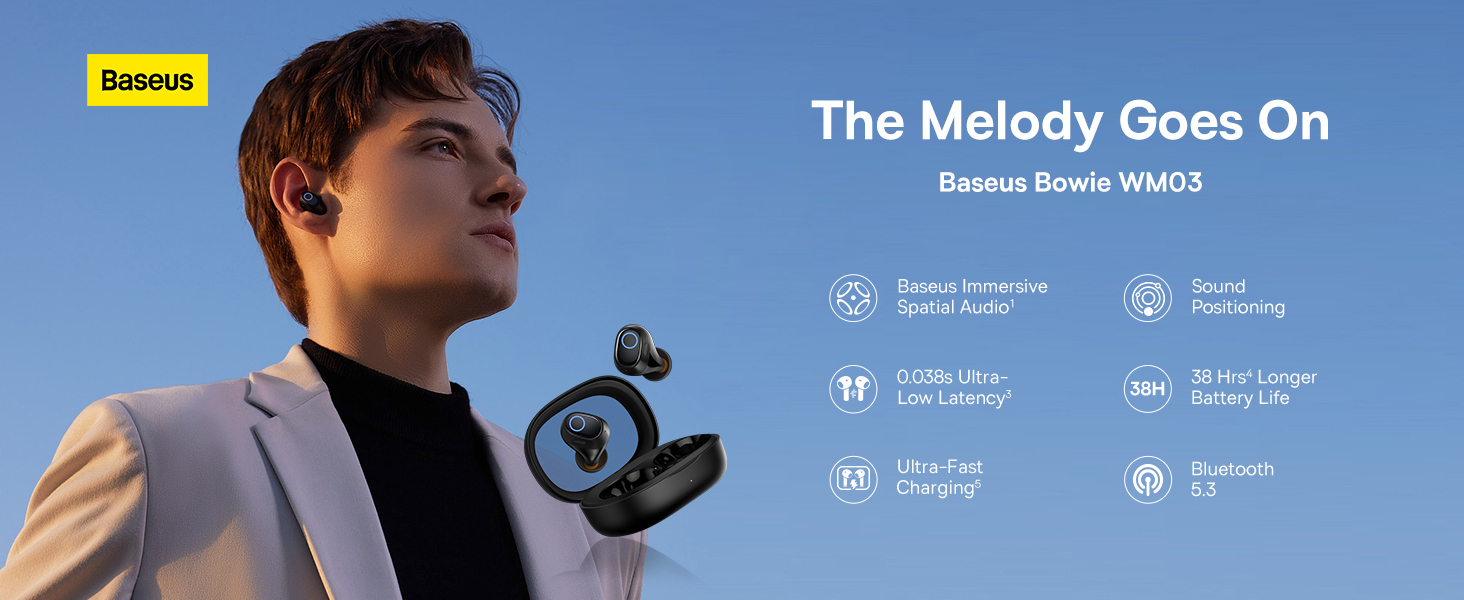 Baseus Bowie WM03 True Wireless Earphones - 38H Playtime, Bluetooth 5.3, Ultra-Low Latency, Fast Charging Case, Immersive Audio - Black