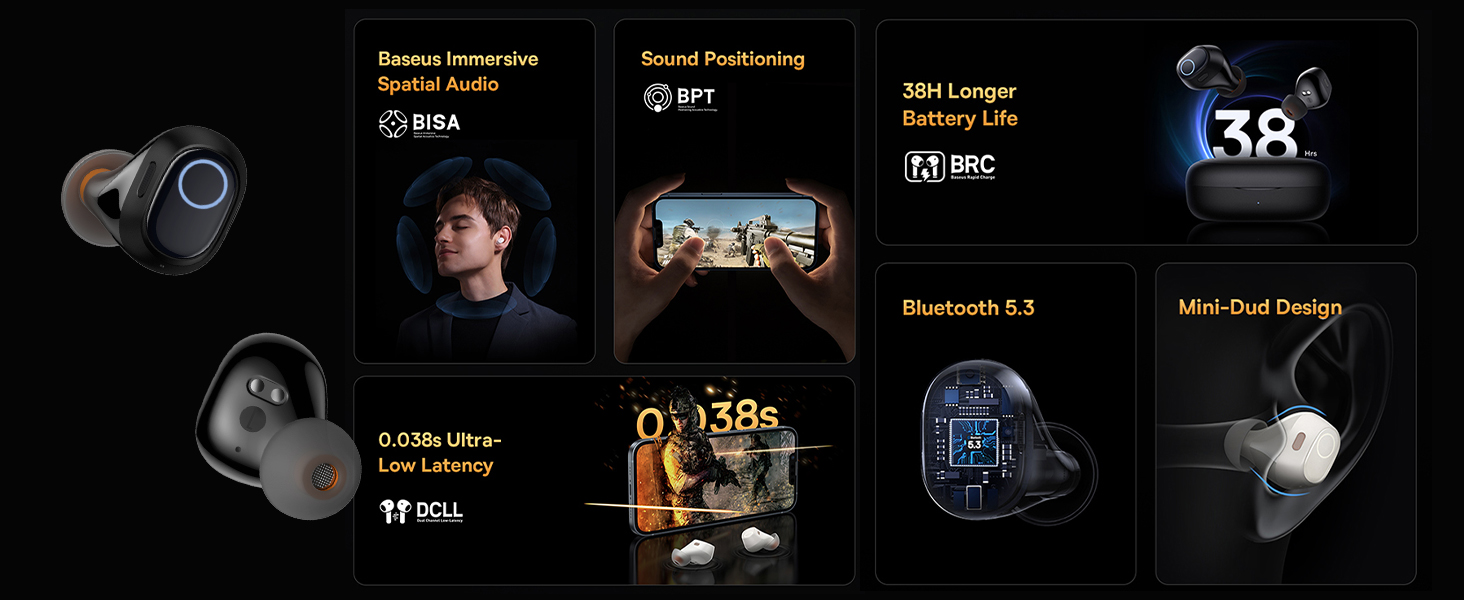 Baseus Bowie WM03 True Wireless Earphones - 38H Playtime, Bluetooth 5.3, Ultra-Low Latency, Fast Charging Case, Immersive Audio - Black