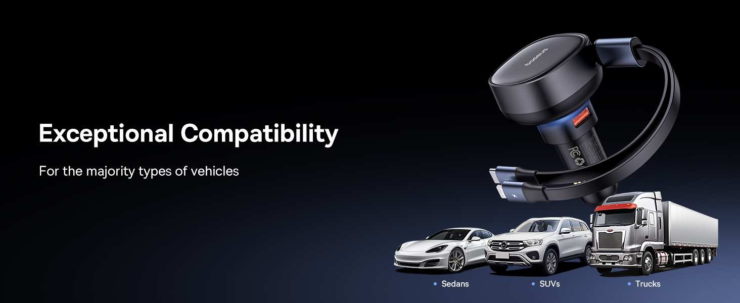Baseus Car Charger Type-C Port + Type-C & Lightning Retractable Cable 60W Enjoyment Pro Series