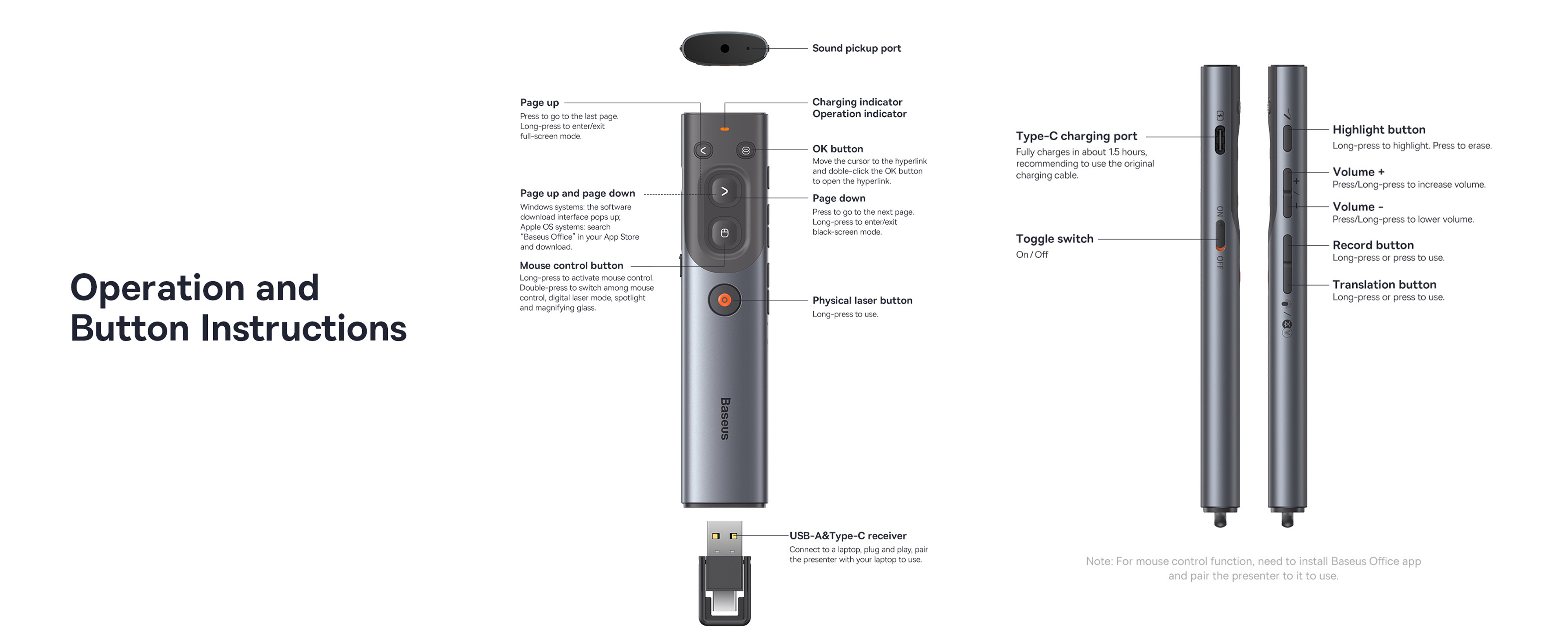 Baseus Orange Dot AI Wireless Presenter (Red Laser) | Rechargeable, Intelligent Voice Recording, Real-Time Voice Translation